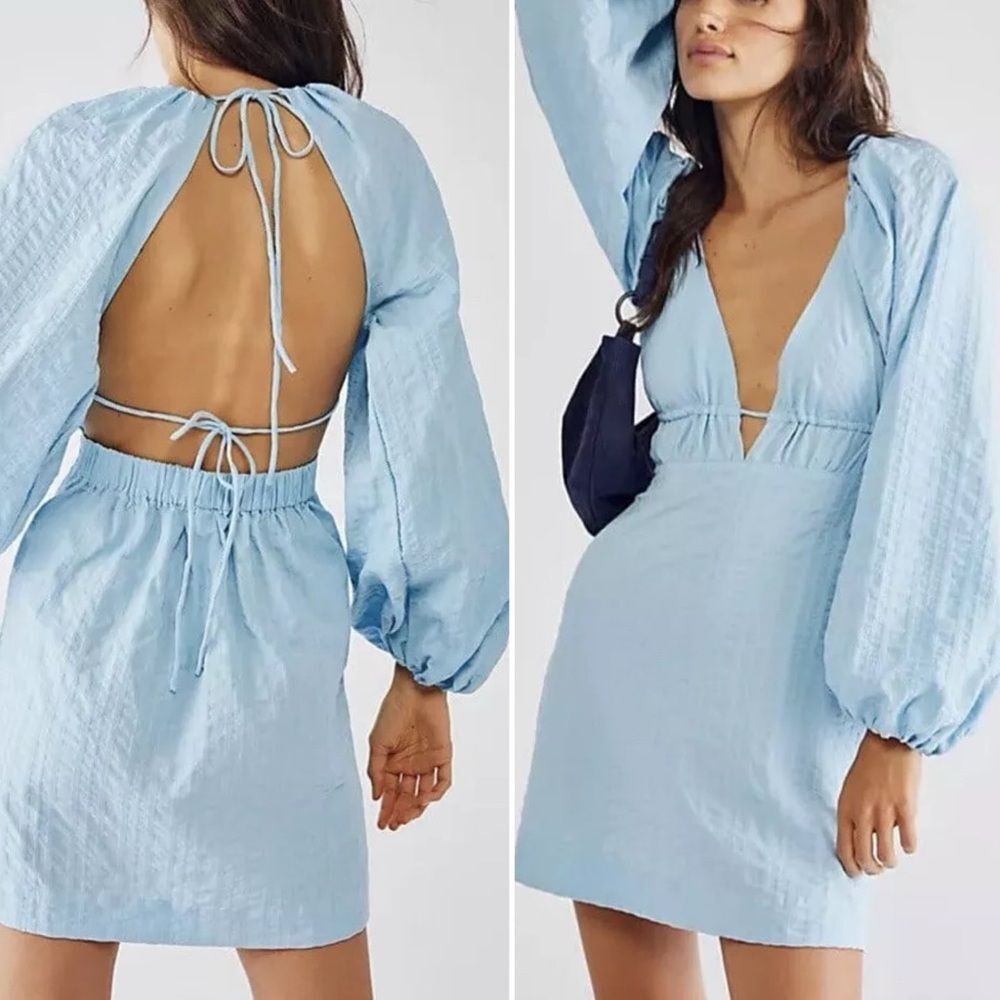 NWT Free People Endless Summer Puff Sleeve Open Back Mini Dress Blue Size Large